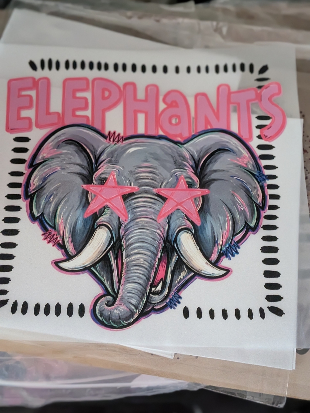 Gildan White Tee with Pink and Gray Elephant Graphic